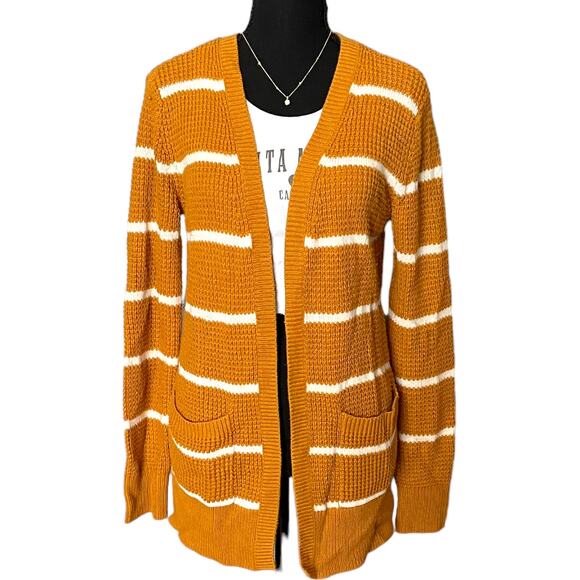 3/$15 Moondance Women's Mustard Yellow Stripes Fall Long Cardigan Sweater Small - Picture 1 of 11